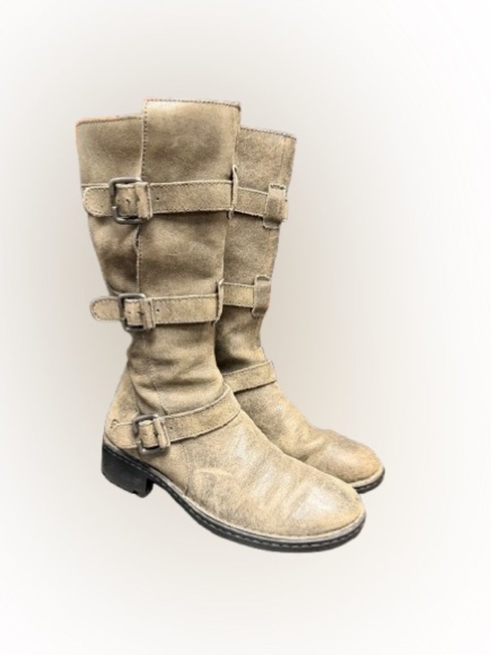 Born Odom Womenβs Leather Moto Boots Size 8.5 Taupe Triple Buckle